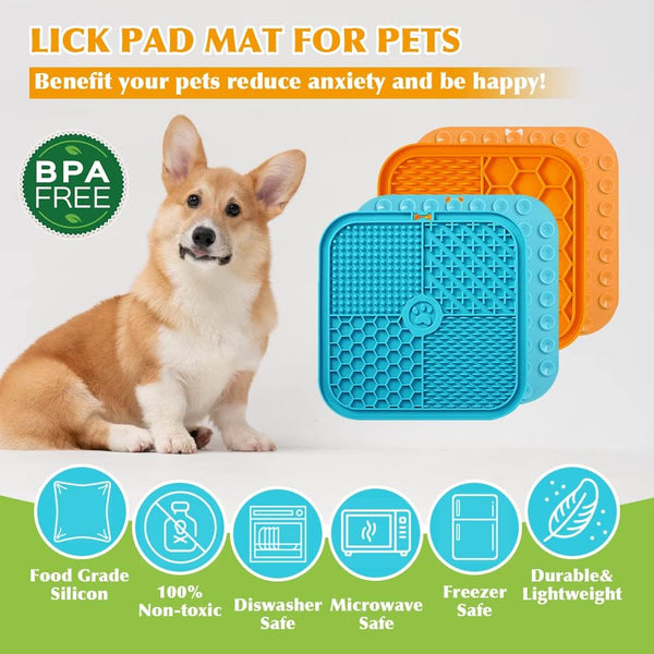 Lick Mat for Dog Cat Food-Grade Silicone Slow Feeder Food Mat Non-Slip Design Dog Treat Mat for Anxiety & Boredom Relief (Blue&Green+1 Spatula)