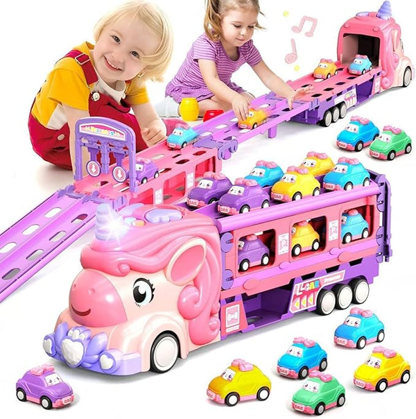 FOHOA Unicorn Toy Truck with Foldable Race Track and 8 Mini Cars, Friction Powered Vehicle for Girls