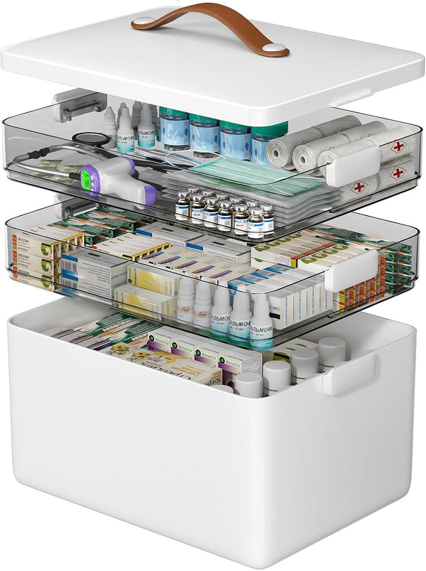 FOHOA 34x26x22cm 3-Layer Medicine Storage Box with Handle, Large Capacity Organizer for Pills and First Aid