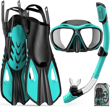 FOHOA Adult Snorkel Set with Panoramic Dive Mask Adjustable Fins & Dry Top Snorkel