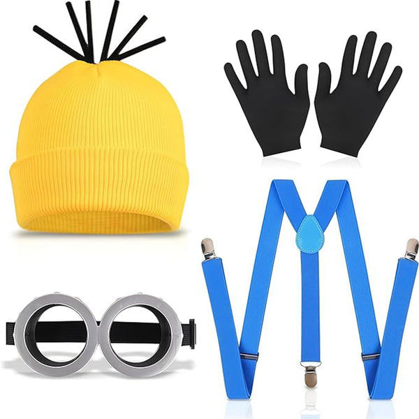 FOHOA Halloween Cosplay Costume Accessories for Adults Goggles/Yellow Beanie/Blue Suspenders/Gloves for Men Women Cosplay Party