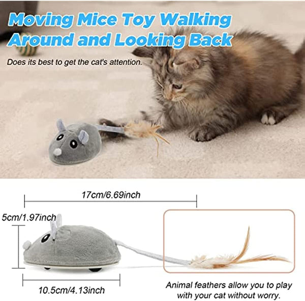 Interactive Cat Toy, Cat Toys for Indoor Cats, Cat Mouse Toy with Feather Wand, Automatic Kitten Mice Toy Kitty Toys, USB Rechargeable, Random Movement