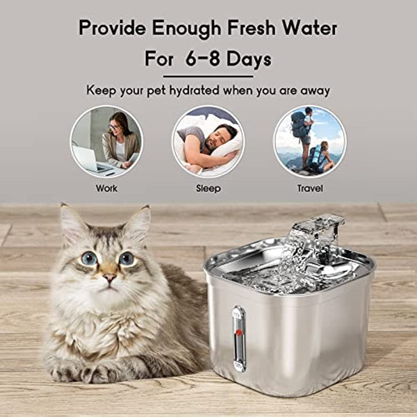 Cat Water Fountain, Stainless Steel Cat Fountain, Cat Drinking Fountain, Water Dispenser for Cats and Dogs, with Water Level Indicator, Silicone Mat and AU Plug